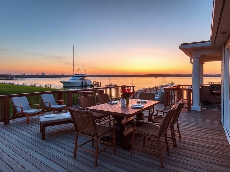 Waterfront deck dining at sunset